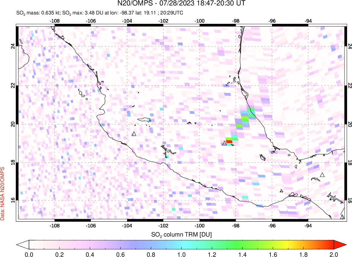 A sulfur dioxide image over Mexico on Jul 28, 2023.