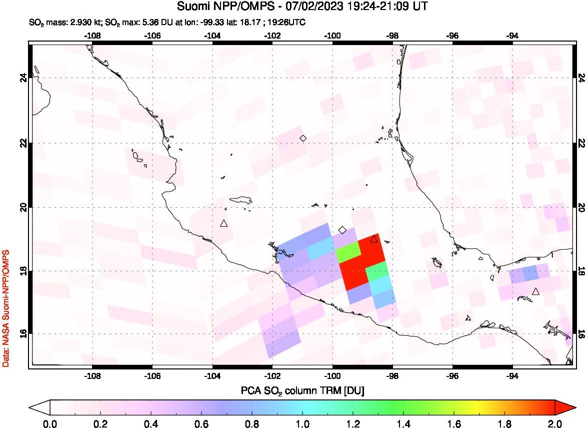 A sulfur dioxide image over Mexico on Jul 02, 2023.