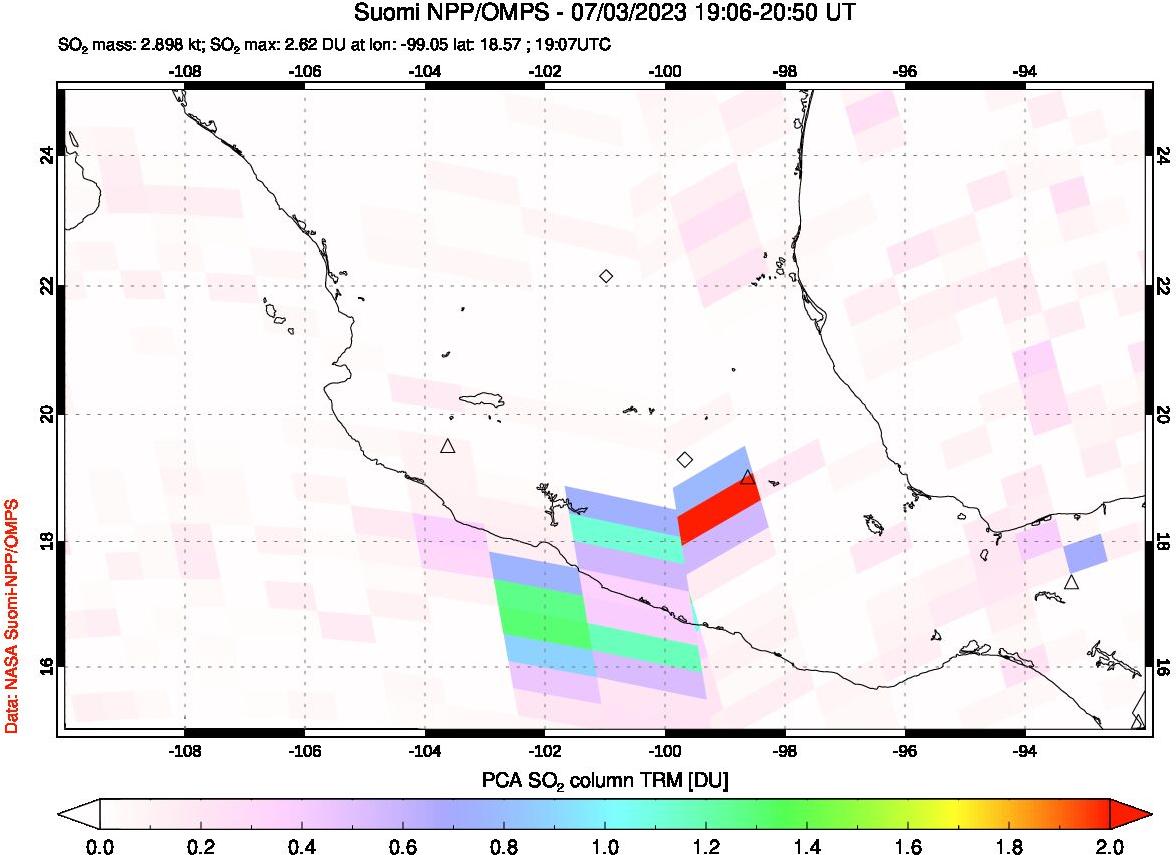 A sulfur dioxide image over Mexico on Jul 03, 2023.