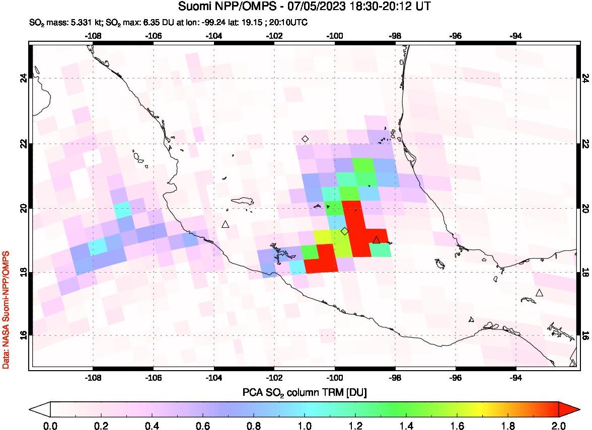 A sulfur dioxide image over Mexico on Jul 05, 2023.