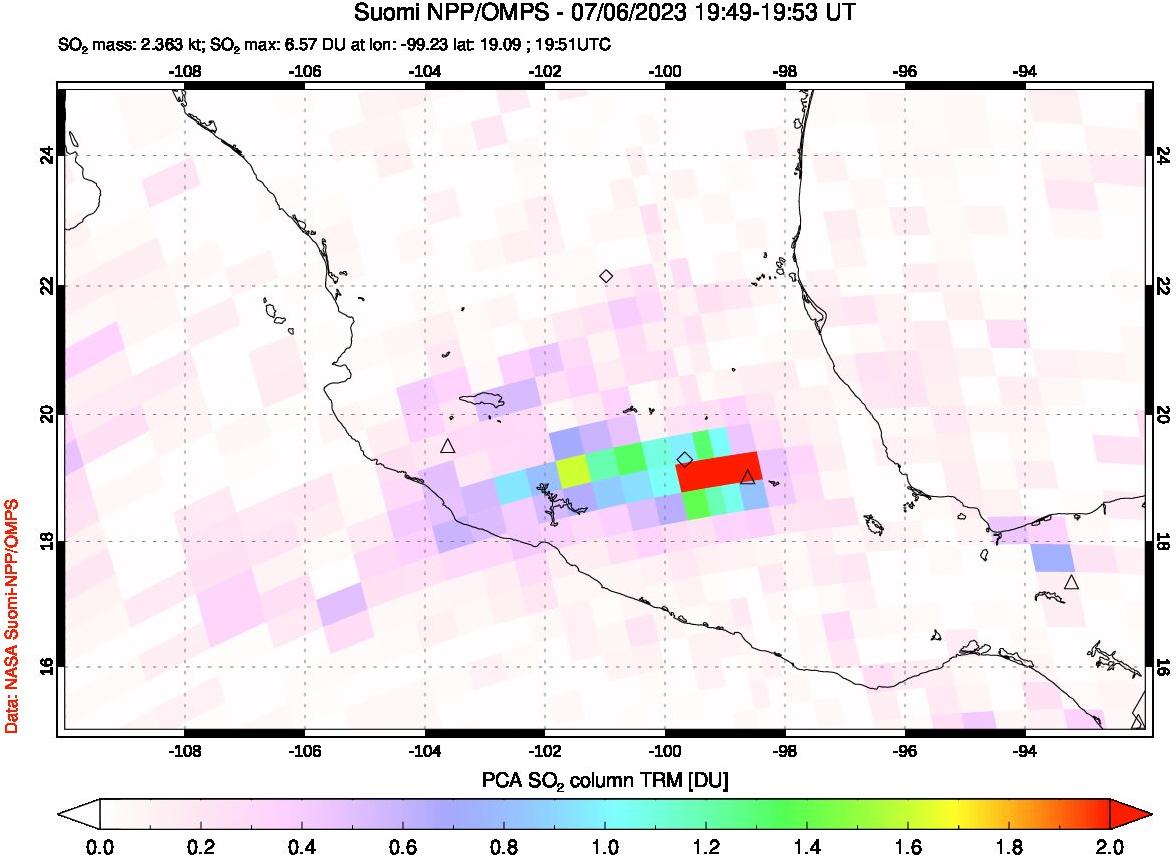 A sulfur dioxide image over Mexico on Jul 06, 2023.