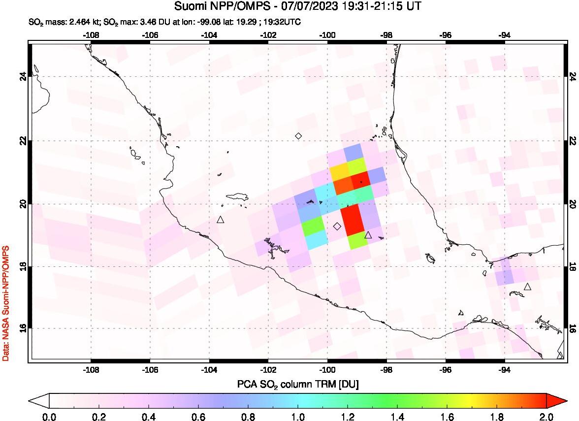A sulfur dioxide image over Mexico on Jul 07, 2023.