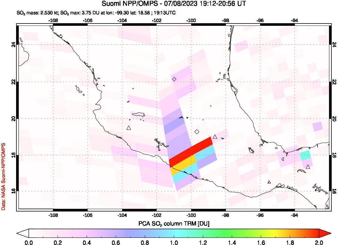 A sulfur dioxide image over Mexico on Jul 08, 2023.