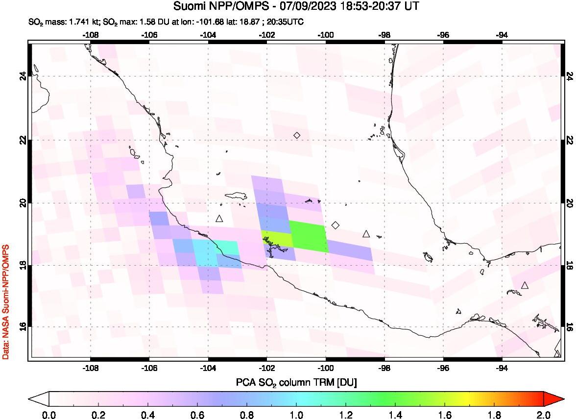 A sulfur dioxide image over Mexico on Jul 09, 2023.