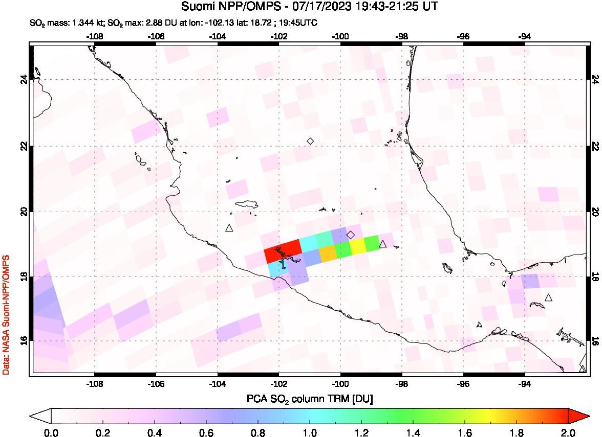 A sulfur dioxide image over Mexico on Jul 17, 2023.