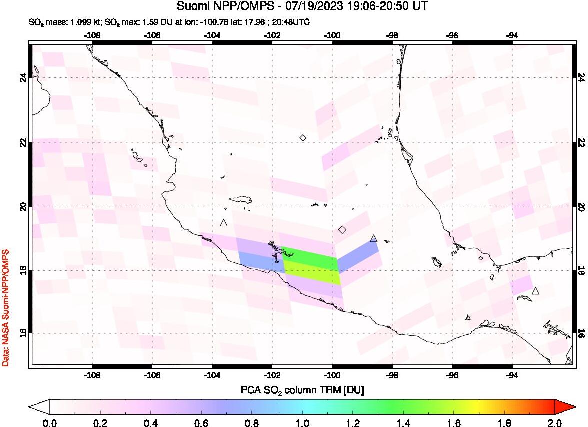A sulfur dioxide image over Mexico on Jul 19, 2023.