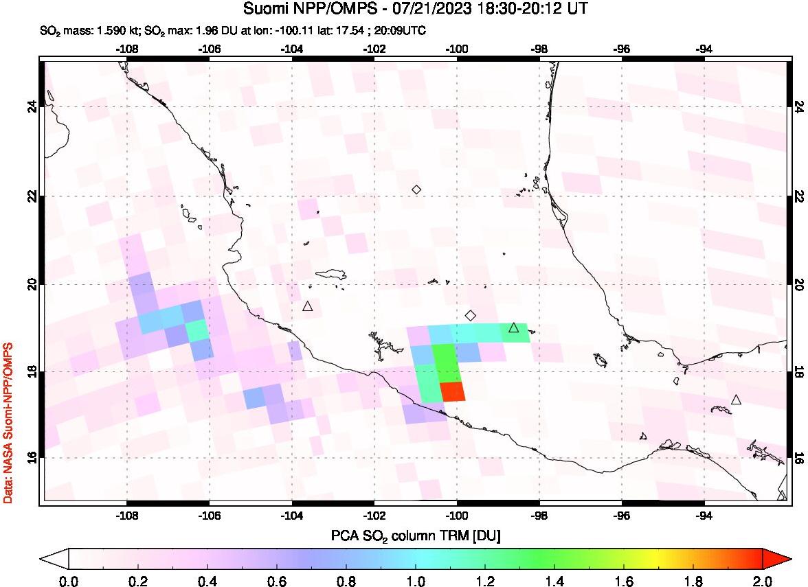A sulfur dioxide image over Mexico on Jul 21, 2023.