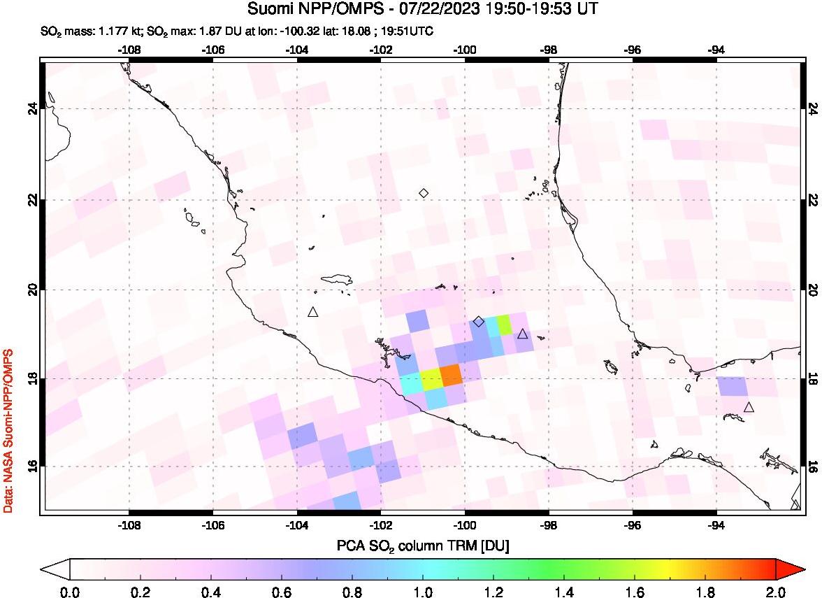 A sulfur dioxide image over Mexico on Jul 22, 2023.