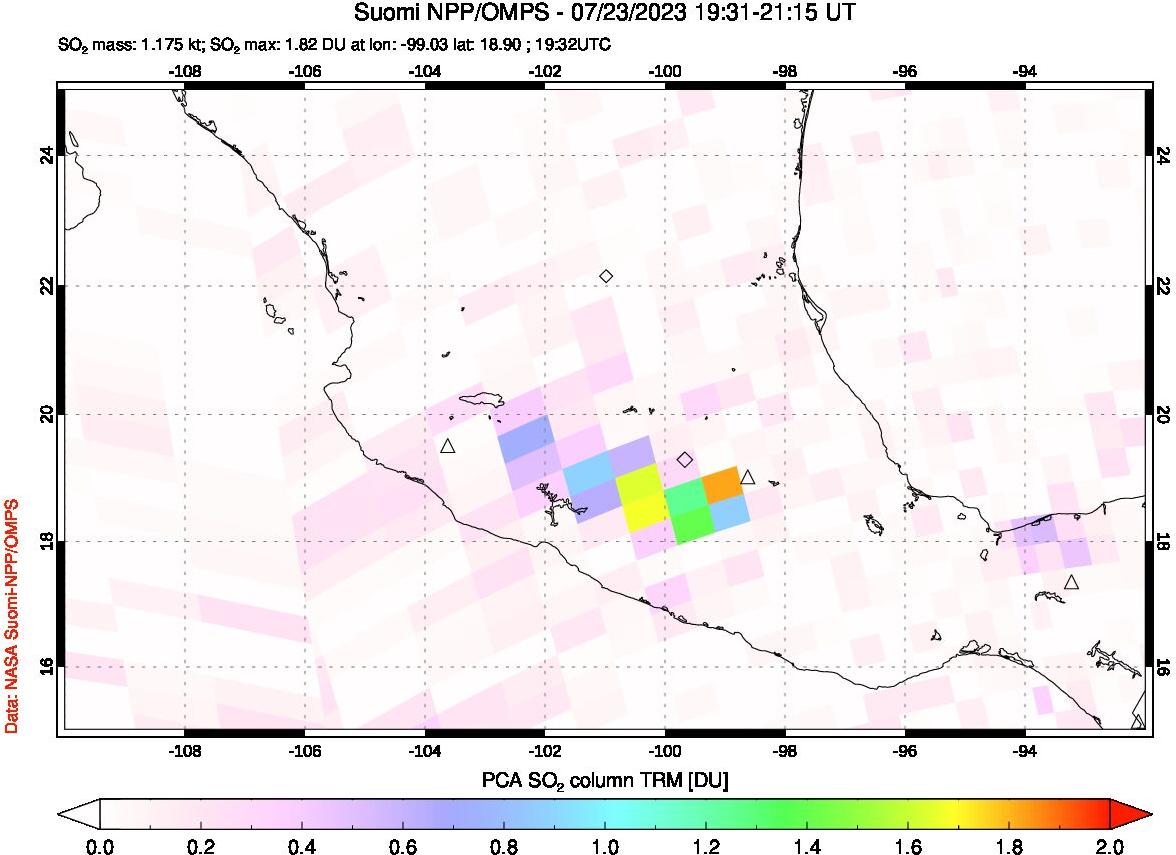 A sulfur dioxide image over Mexico on Jul 23, 2023.