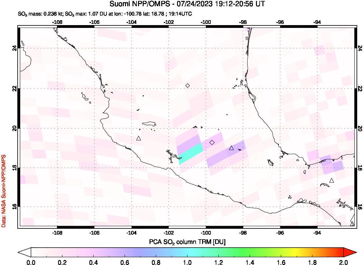 A sulfur dioxide image over Mexico on Jul 24, 2023.