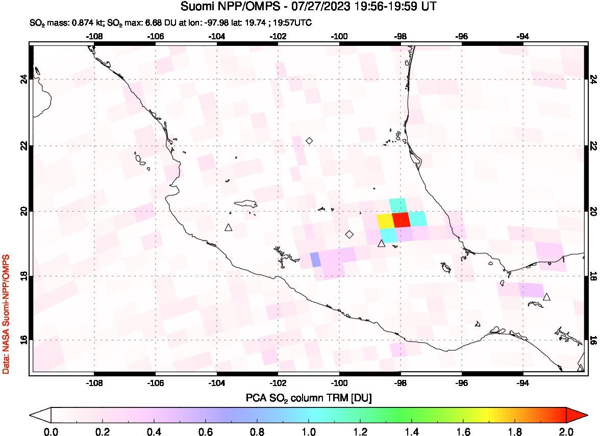 A sulfur dioxide image over Mexico on Jul 27, 2023.