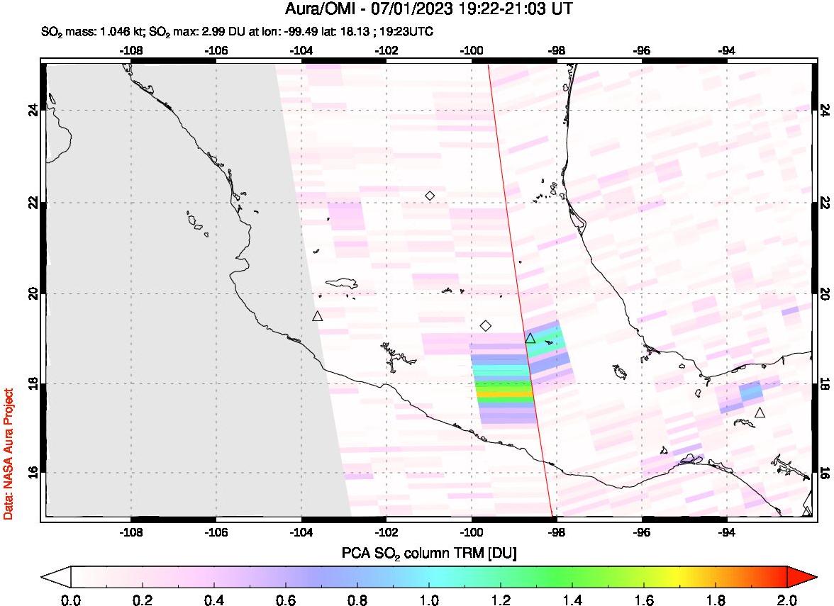 A sulfur dioxide image over Mexico on Jul 01, 2023.