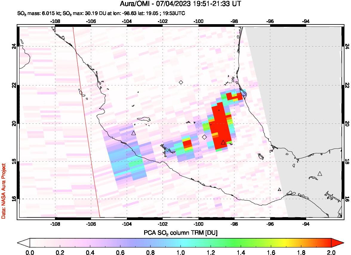 A sulfur dioxide image over Mexico on Jul 04, 2023.