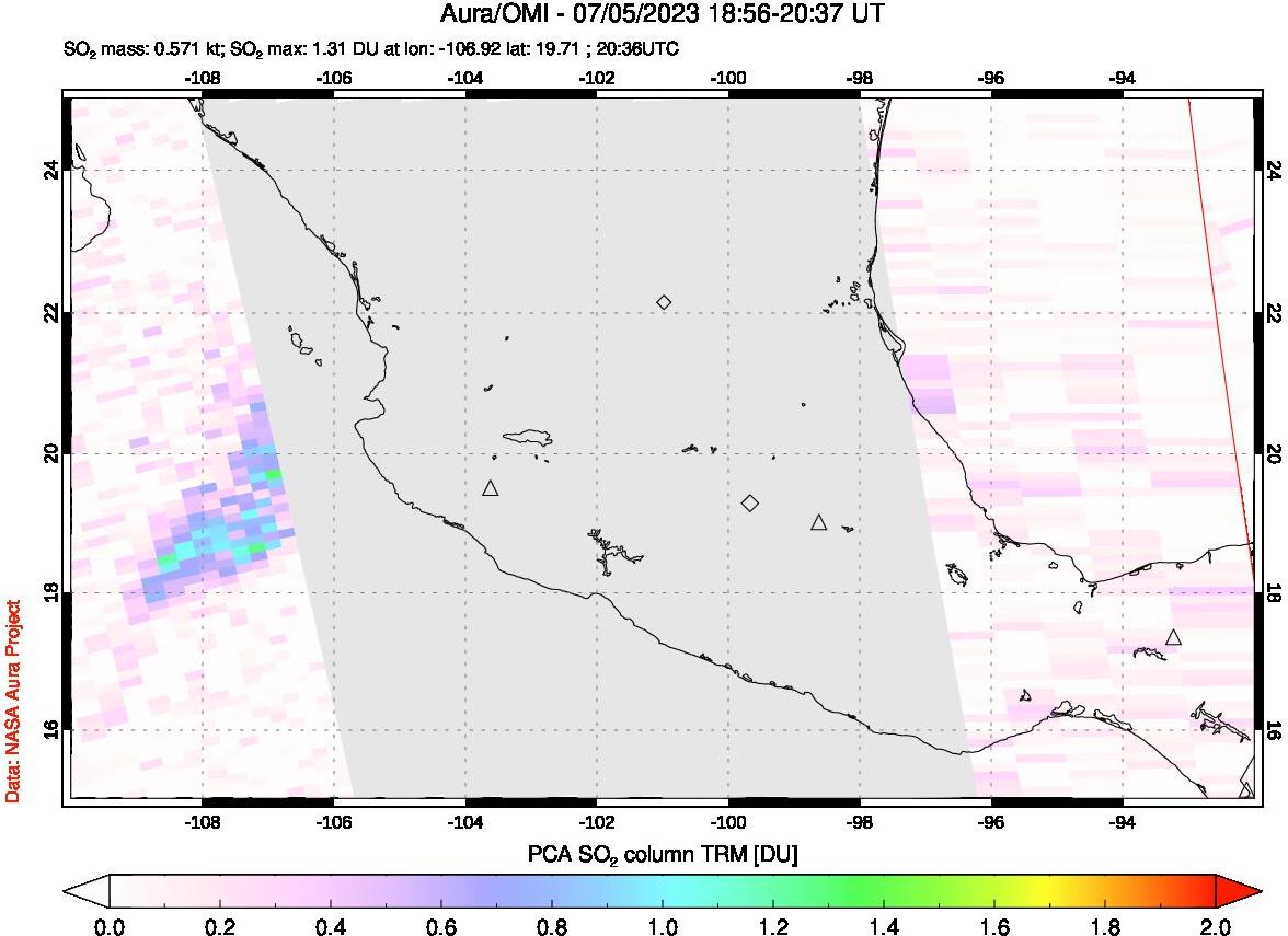 A sulfur dioxide image over Mexico on Jul 05, 2023.