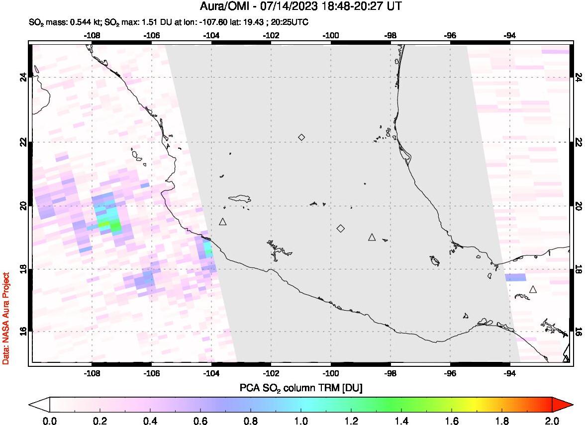 A sulfur dioxide image over Mexico on Jul 14, 2023.