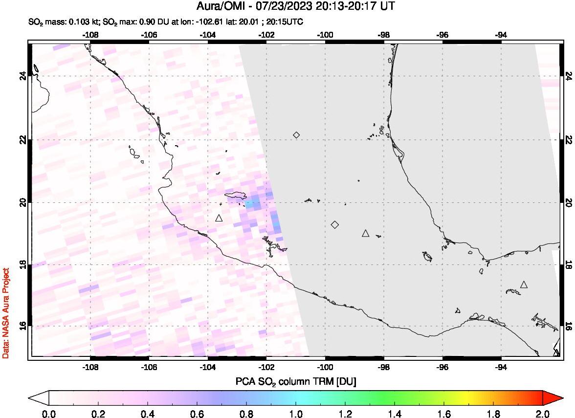 A sulfur dioxide image over Mexico on Jul 23, 2023.