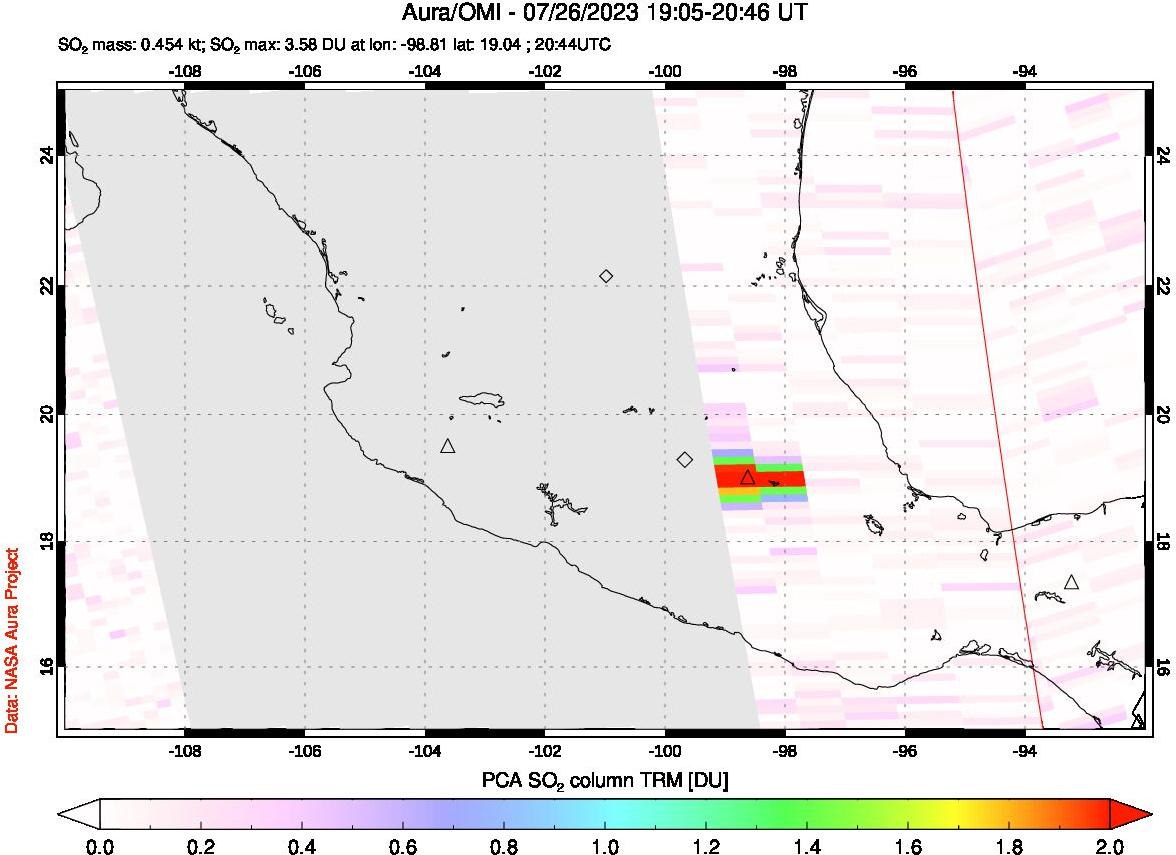 A sulfur dioxide image over Mexico on Jul 26, 2023.