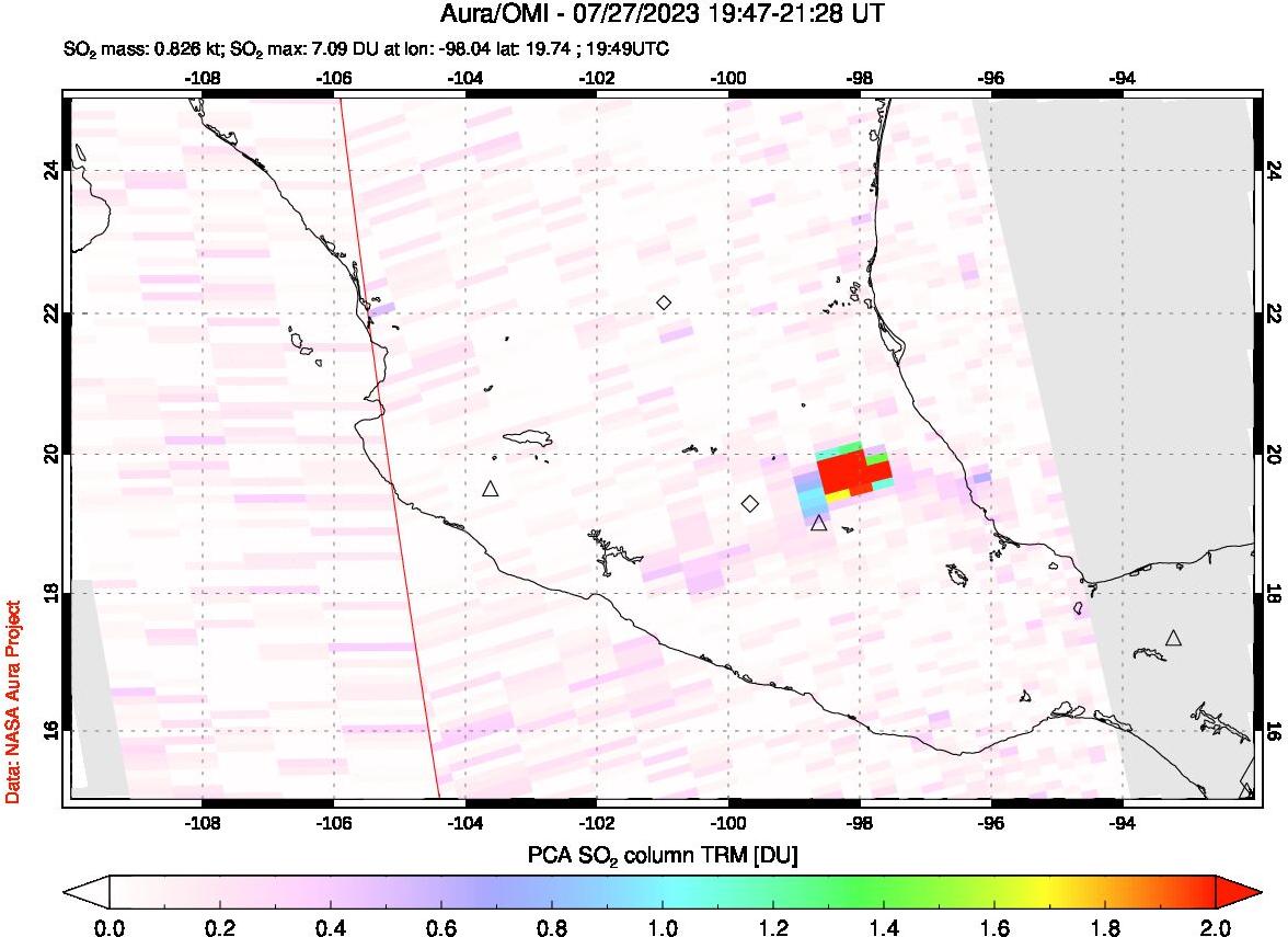 A sulfur dioxide image over Mexico on Jul 27, 2023.