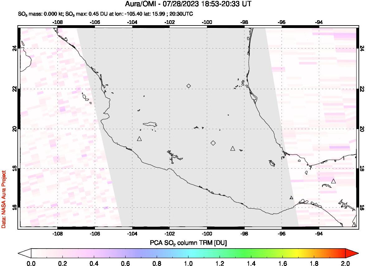 A sulfur dioxide image over Mexico on Jul 28, 2023.