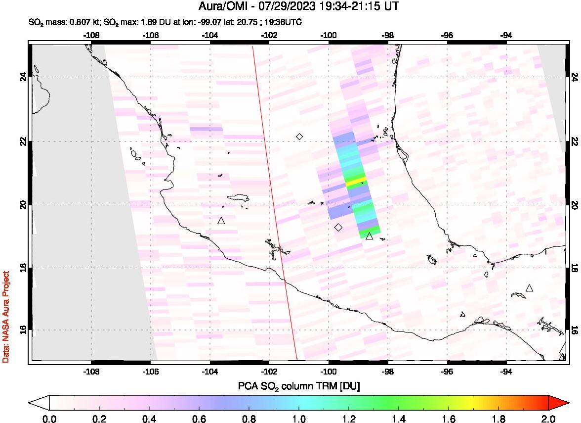 A sulfur dioxide image over Mexico on Jul 29, 2023.