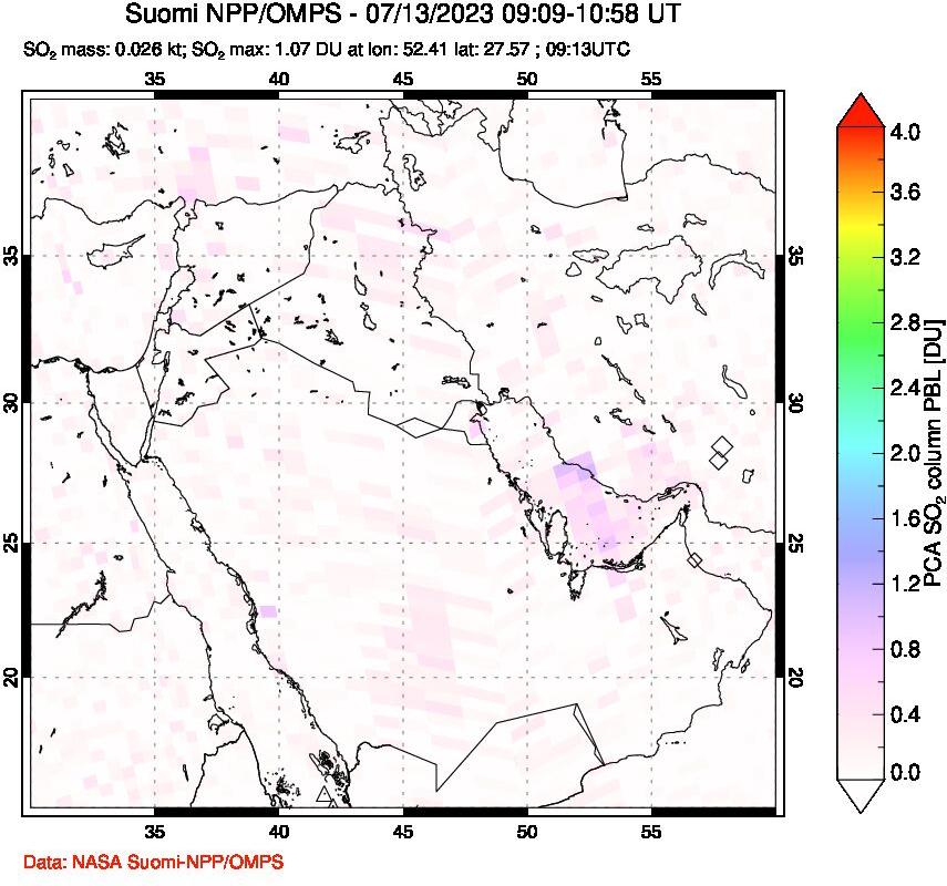 A sulfur dioxide image over Middle East on Jul 13, 2023.