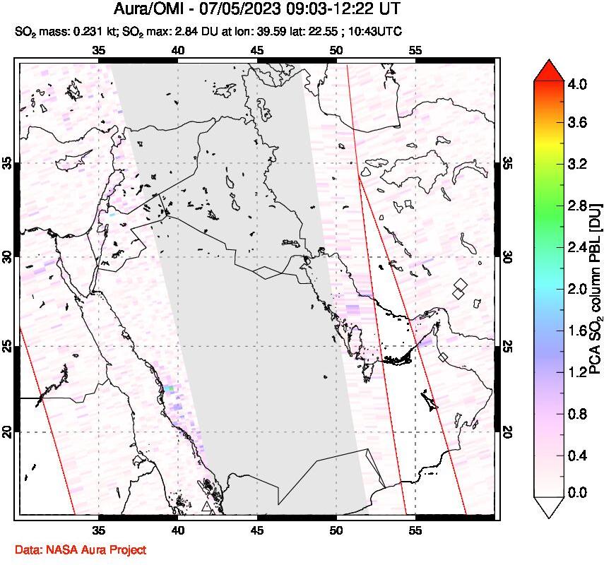 A sulfur dioxide image over Middle East on Jul 05, 2023.