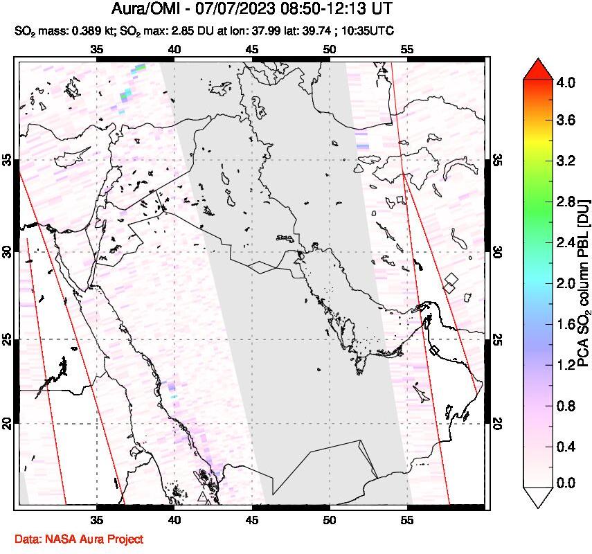 A sulfur dioxide image over Middle East on Jul 07, 2023.