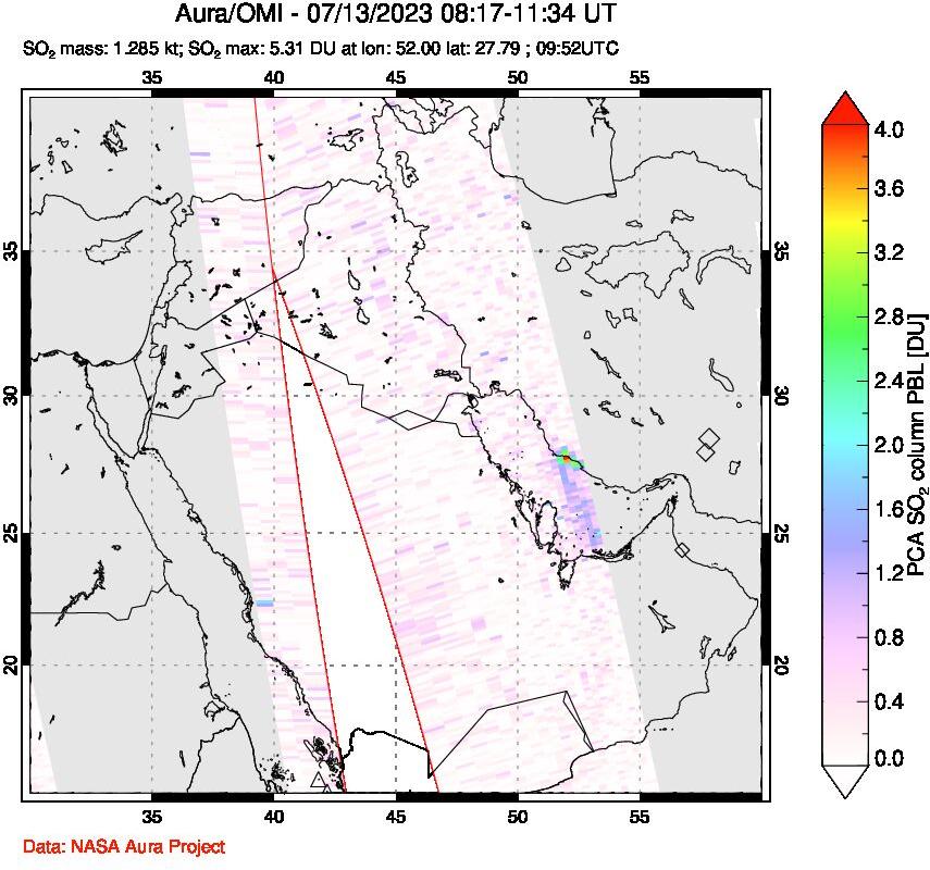 A sulfur dioxide image over Middle East on Jul 13, 2023.