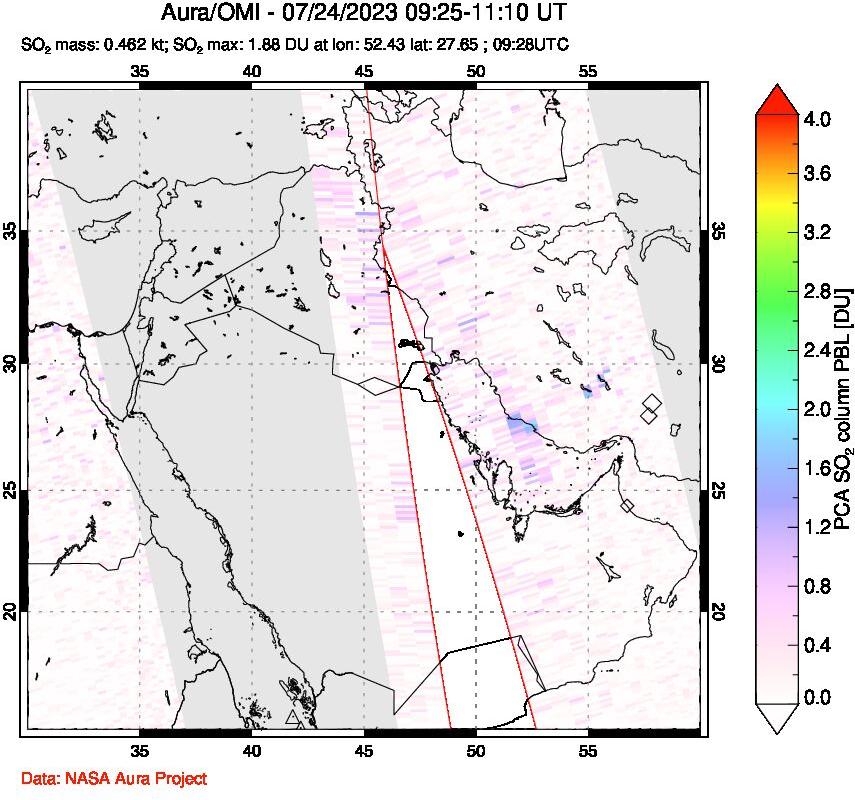 A sulfur dioxide image over Middle East on Jul 24, 2023.