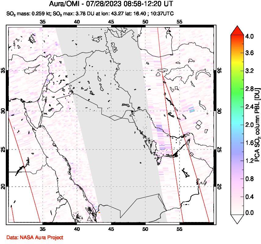 A sulfur dioxide image over Middle East on Jul 28, 2023.