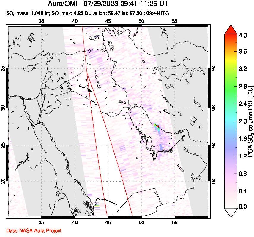A sulfur dioxide image over Middle East on Jul 29, 2023.