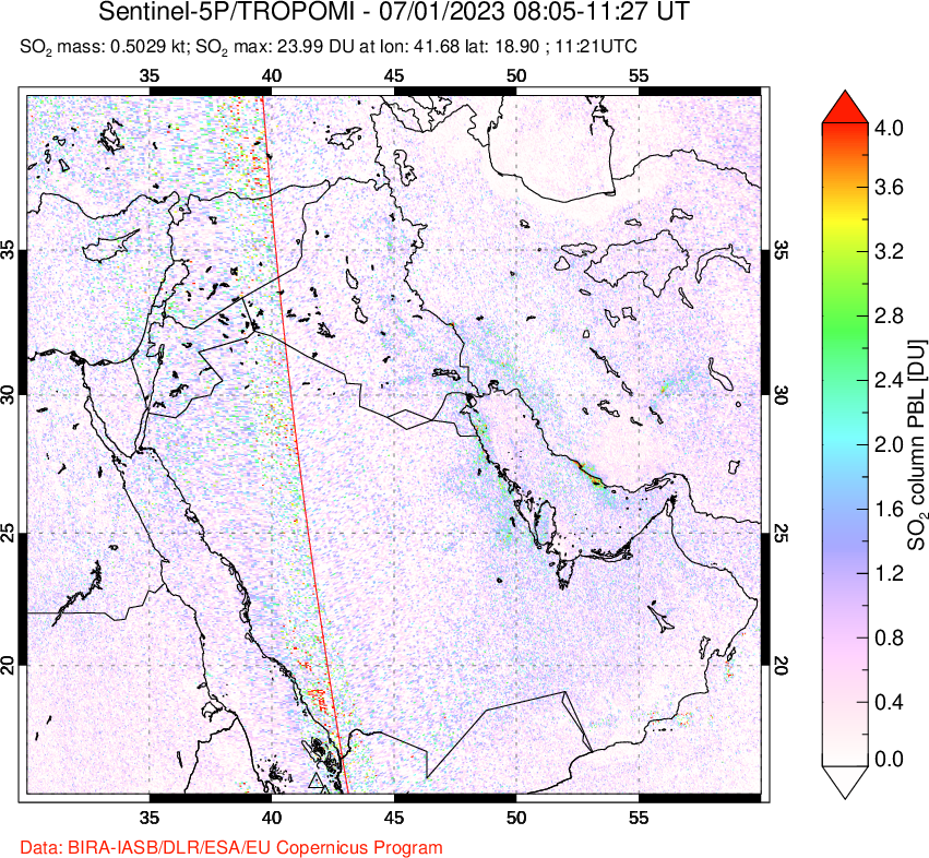 A sulfur dioxide image over Middle East on Jan , 2023.
