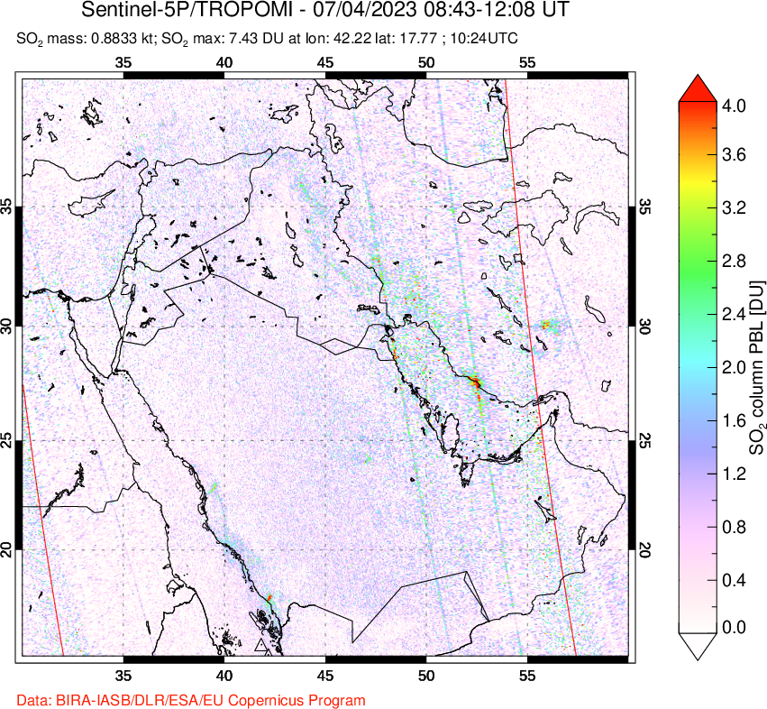 A sulfur dioxide image over Middle East on Jul 04, 2023.