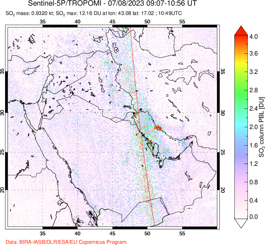 A sulfur dioxide image over Middle East on Jul 08, 2023.
