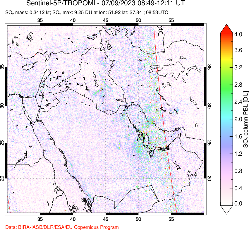 A sulfur dioxide image over Middle East on Jul 09, 2023.
