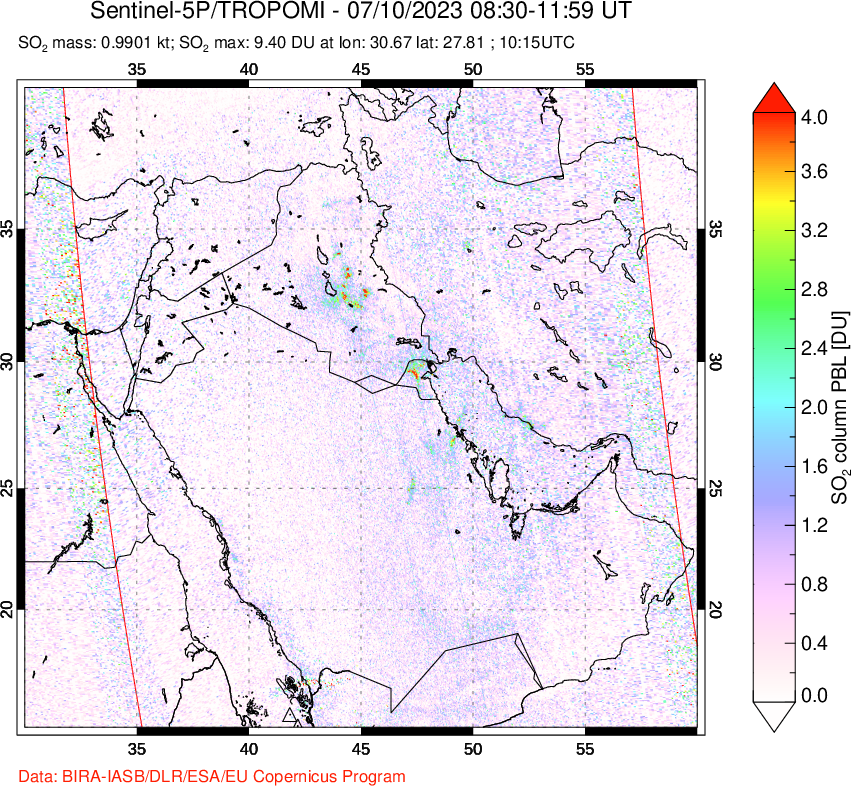 A sulfur dioxide image over Middle East on Jul 10, 2023.