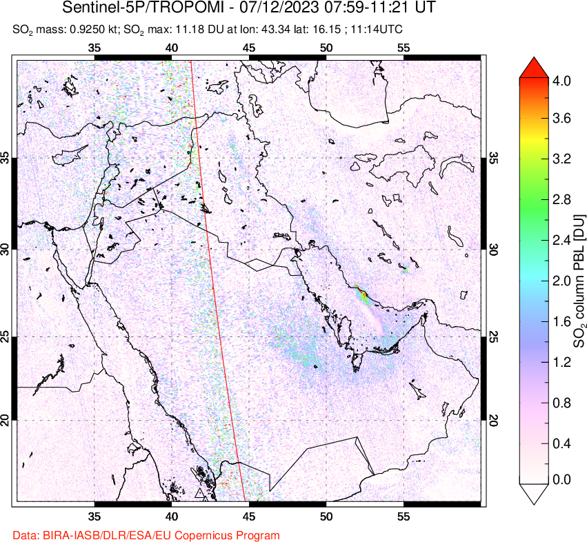 A sulfur dioxide image over Middle East on Jul 12, 2023.