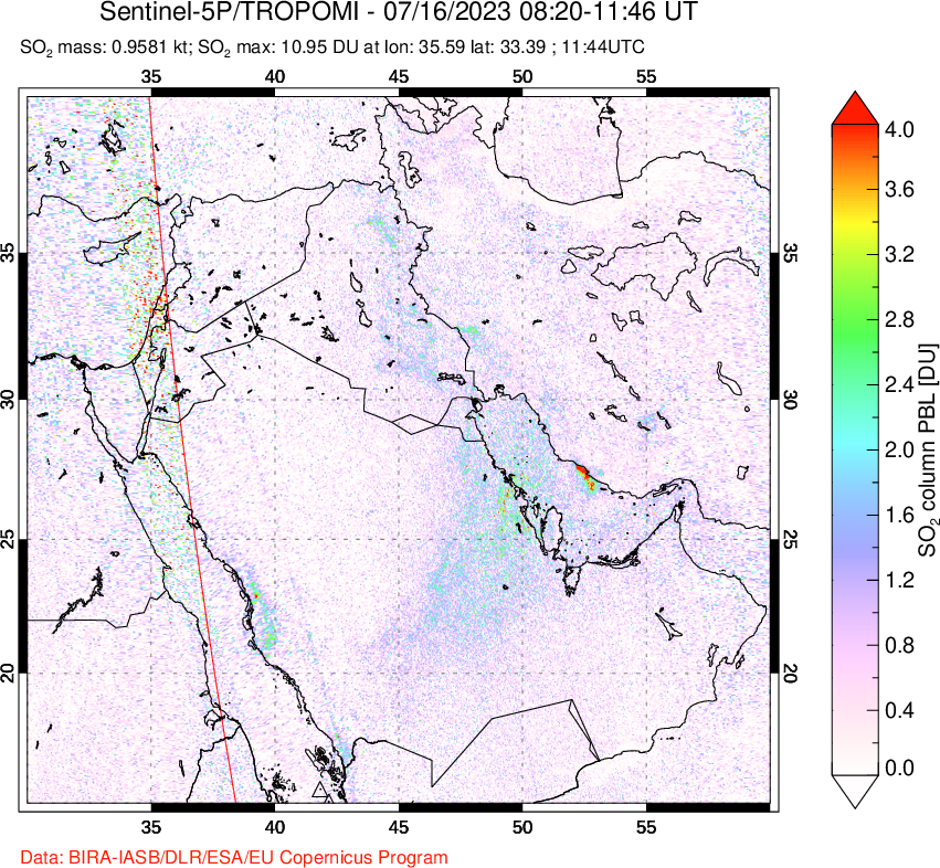 A sulfur dioxide image over Middle East on Jul 16, 2023.