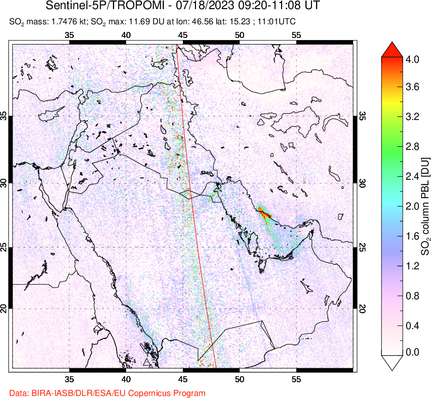 A sulfur dioxide image over Middle East on Jul 18, 2023.