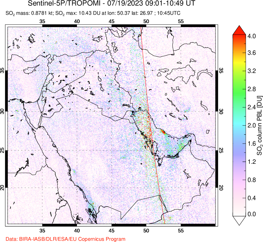 A sulfur dioxide image over Middle East on Jul 19, 2023.
