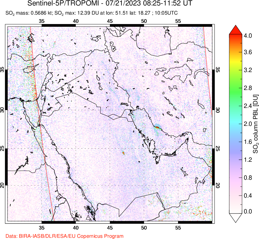 A sulfur dioxide image over Middle East on Jul 21, 2023.
