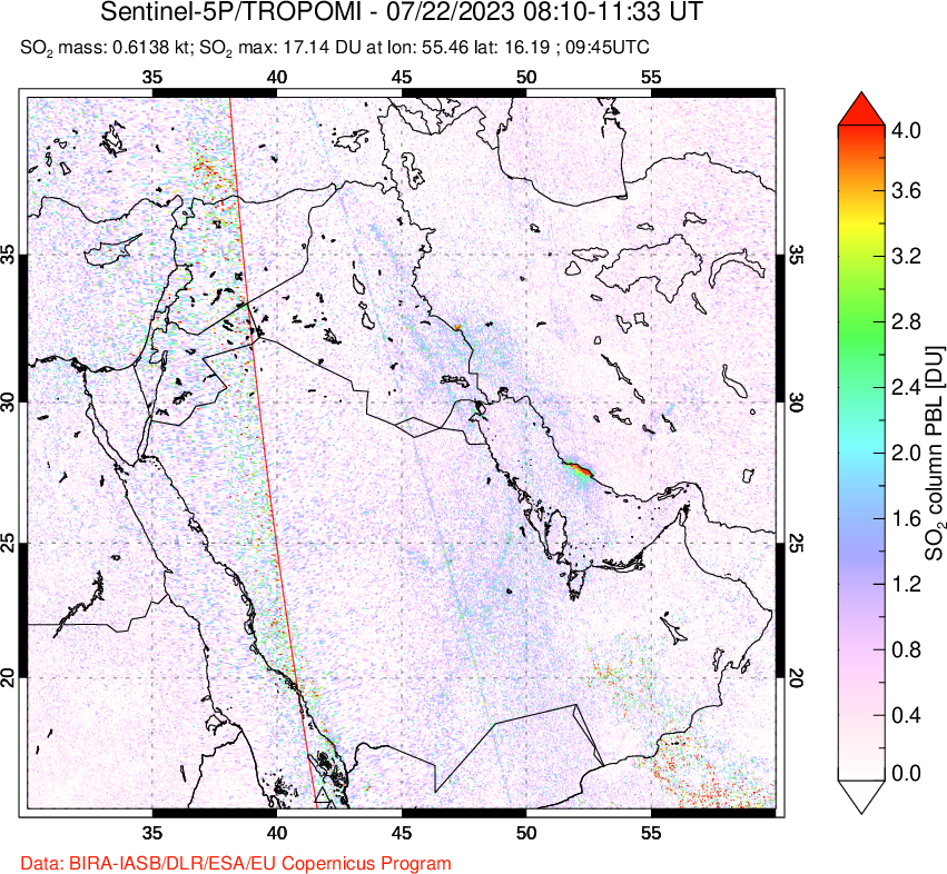 A sulfur dioxide image over Middle East on Jul 22, 2023.