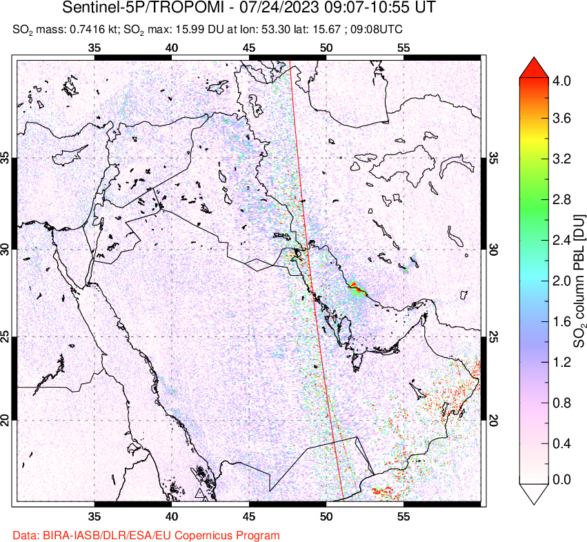 A sulfur dioxide image over Middle East on Jul 24, 2023.