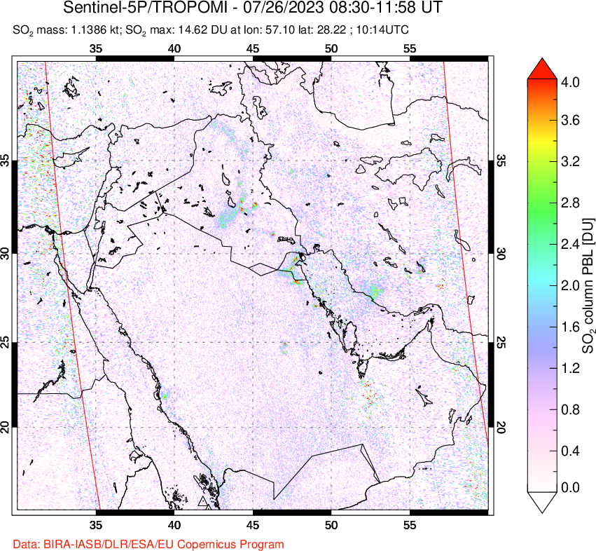 A sulfur dioxide image over Middle East on Jul 26, 2023.