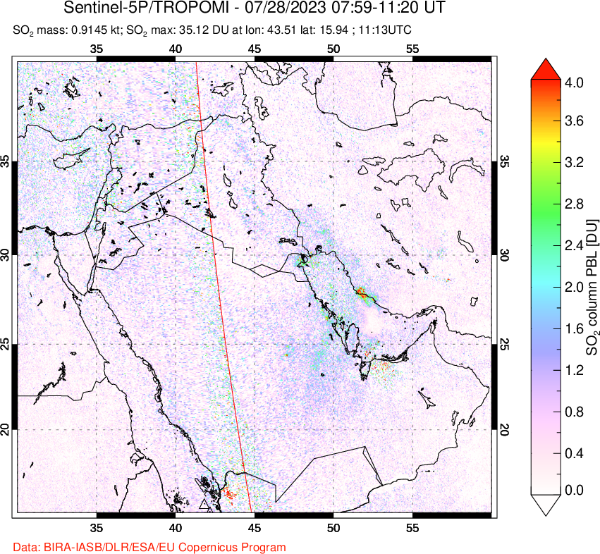 A sulfur dioxide image over Middle East on Jul 28, 2023.