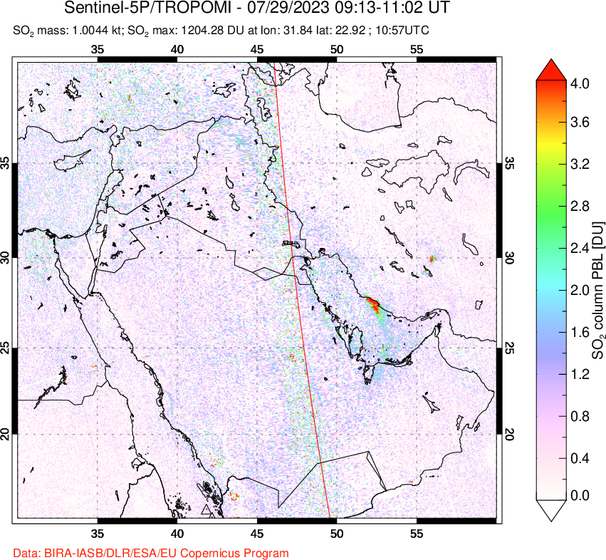 A sulfur dioxide image over Middle East on Jul 29, 2023.