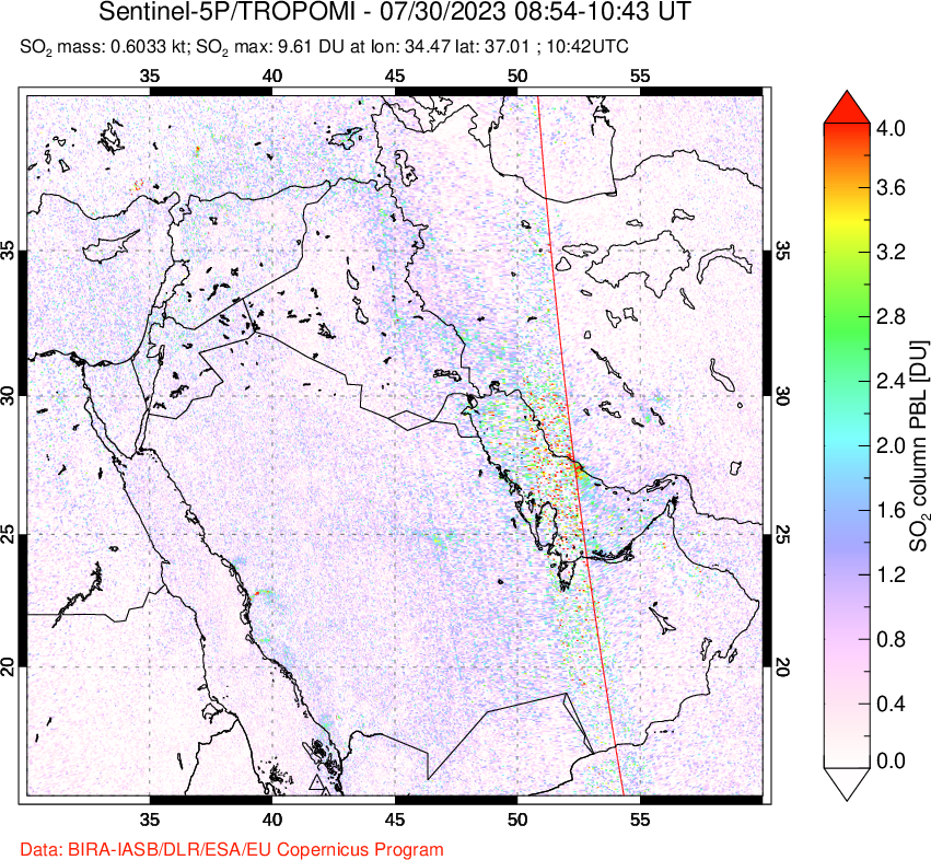 A sulfur dioxide image over Middle East on Jul 30, 2023.