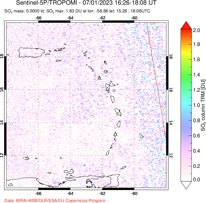 A sulfur dioxide image over Montserrat, West Indies on Jul 01, 2023.