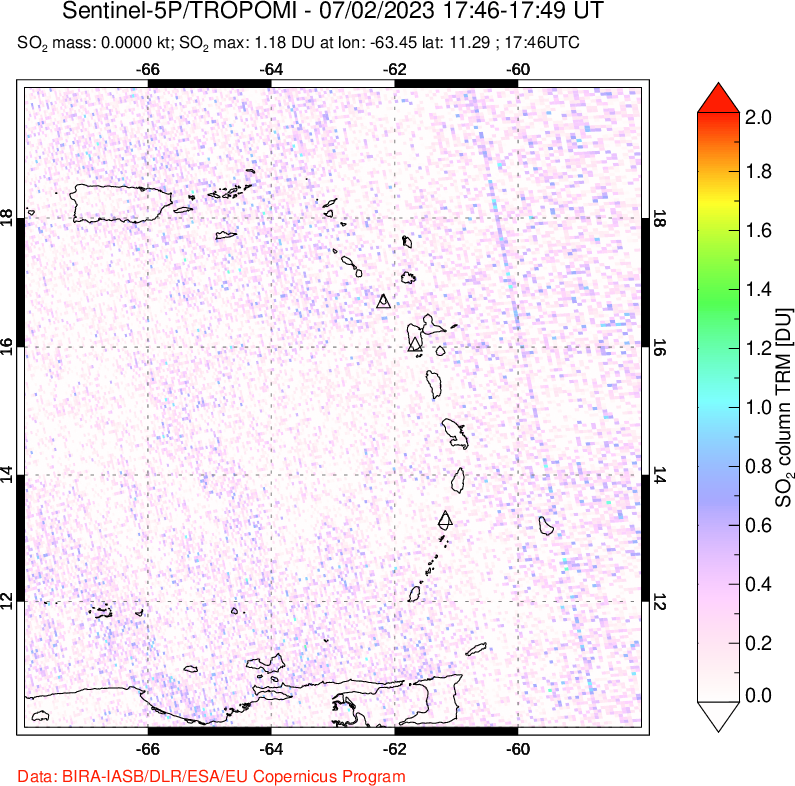A sulfur dioxide image over Montserrat, West Indies on Jul 02, 2023.