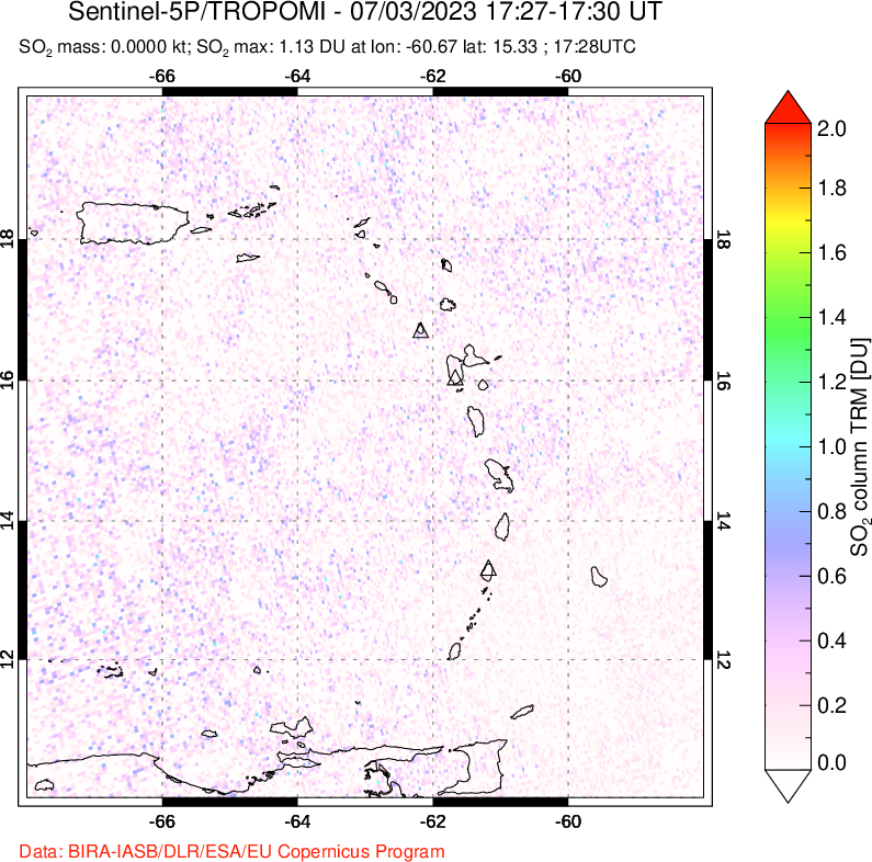 A sulfur dioxide image over Montserrat, West Indies on Jul 03, 2023.